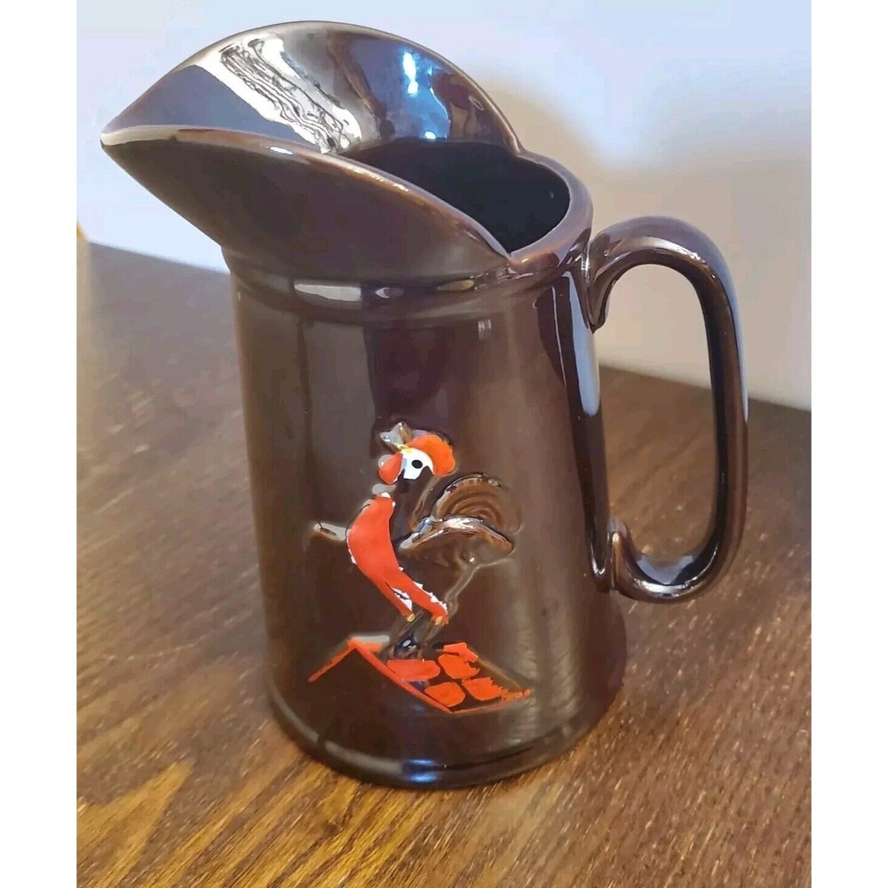 Vintage Ceramic Syrup Serving 2 Pitchers 🐓‎ Roosters Brown Glaze SET - Picture 7 of 16